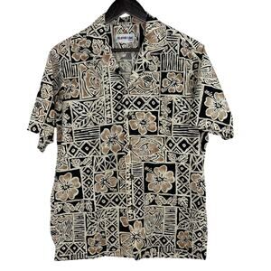 Aloha Line Hawaii Button Up Shirt Mens XL Black Tan Creme Tropical Floral Beachy